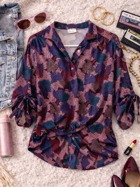 Vintage 1980’s 80’s Blue Purple Buttoned Blouse Cuffed Sleeves Collar EUC